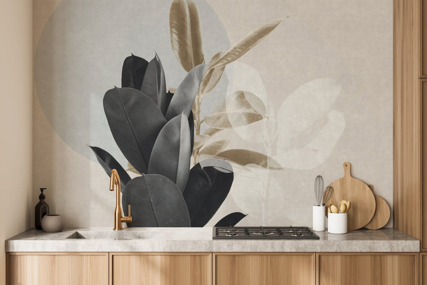 Kitchen counter with gold fixtures and minimalist leaves pattern wall mural.