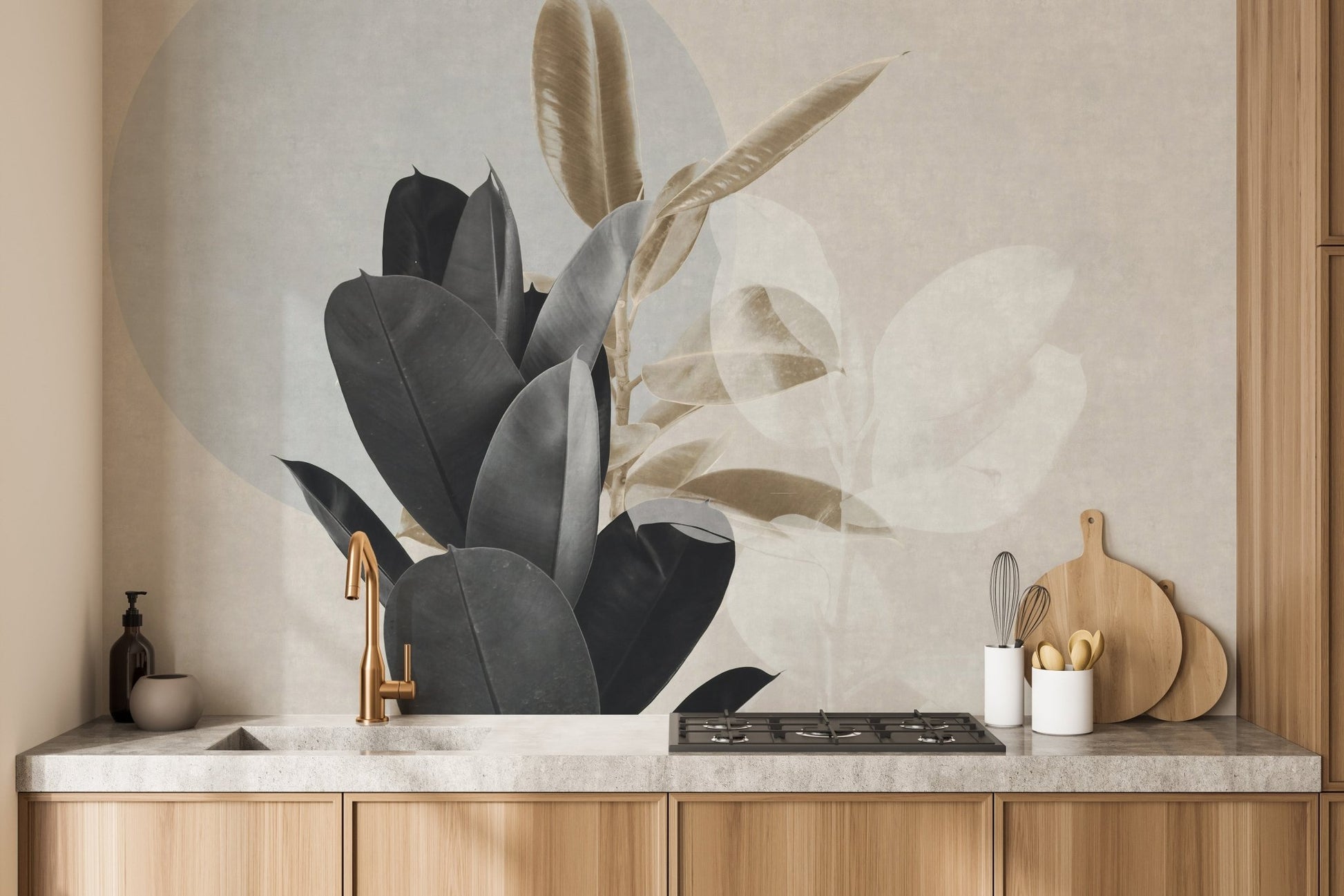 Kitchen counter with gold fixtures and minimalist leaves pattern wall mural.