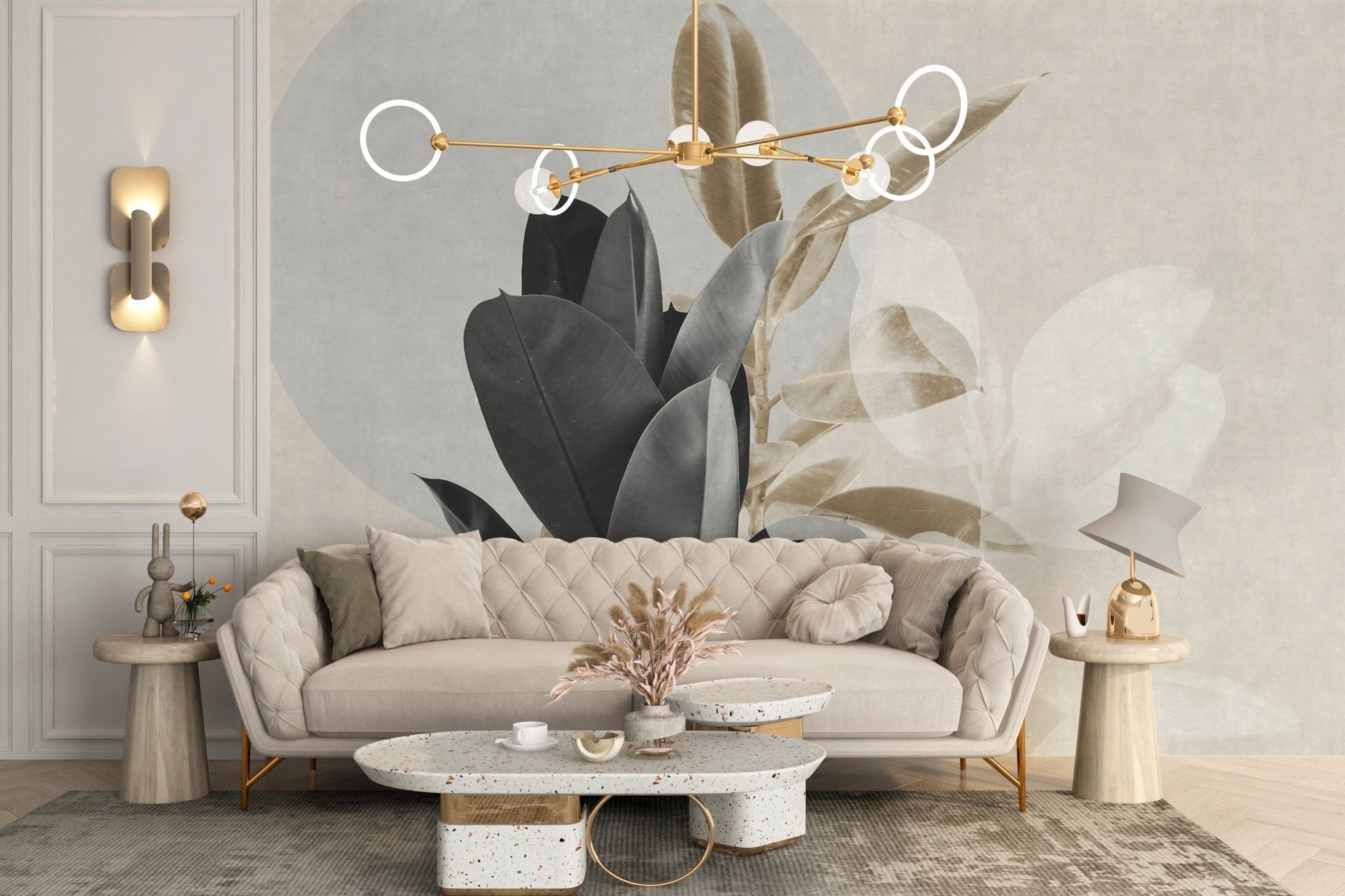 Living room with beige sofa and abstract black and beige leaves wall mural.
