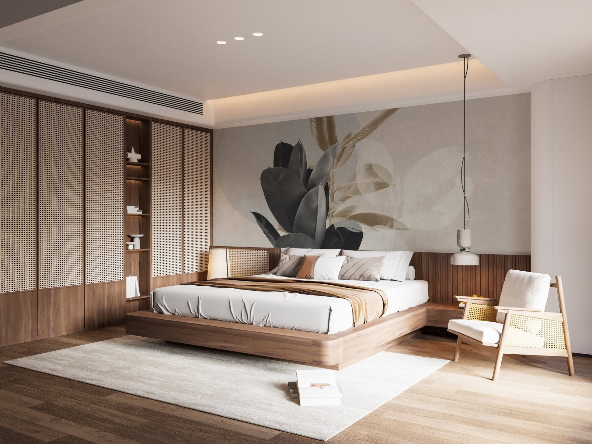 Contemporary master bedroom featuring integrated lighting and neutral leaves wall mural.
