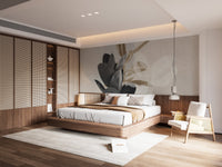 Contemporary master bedroom featuring integrated lighting and neutral leaves wall mural.