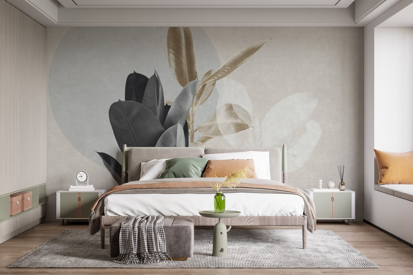 Modern guest room featuring neutral tones and abstract botanical wall mural.