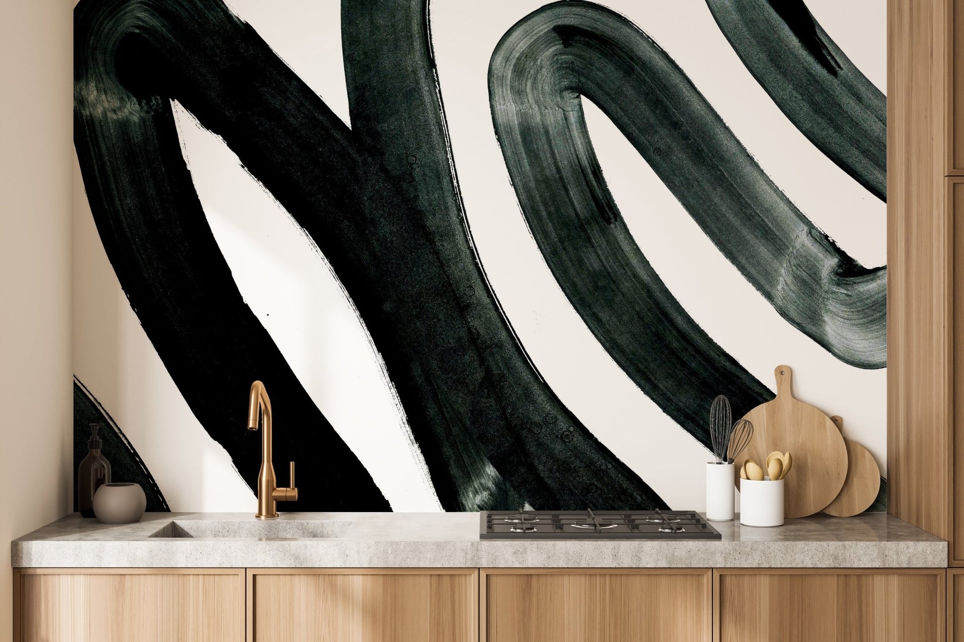 Black ink wall mural showcasing an artistic abstract theme in kitchen backdrop.
