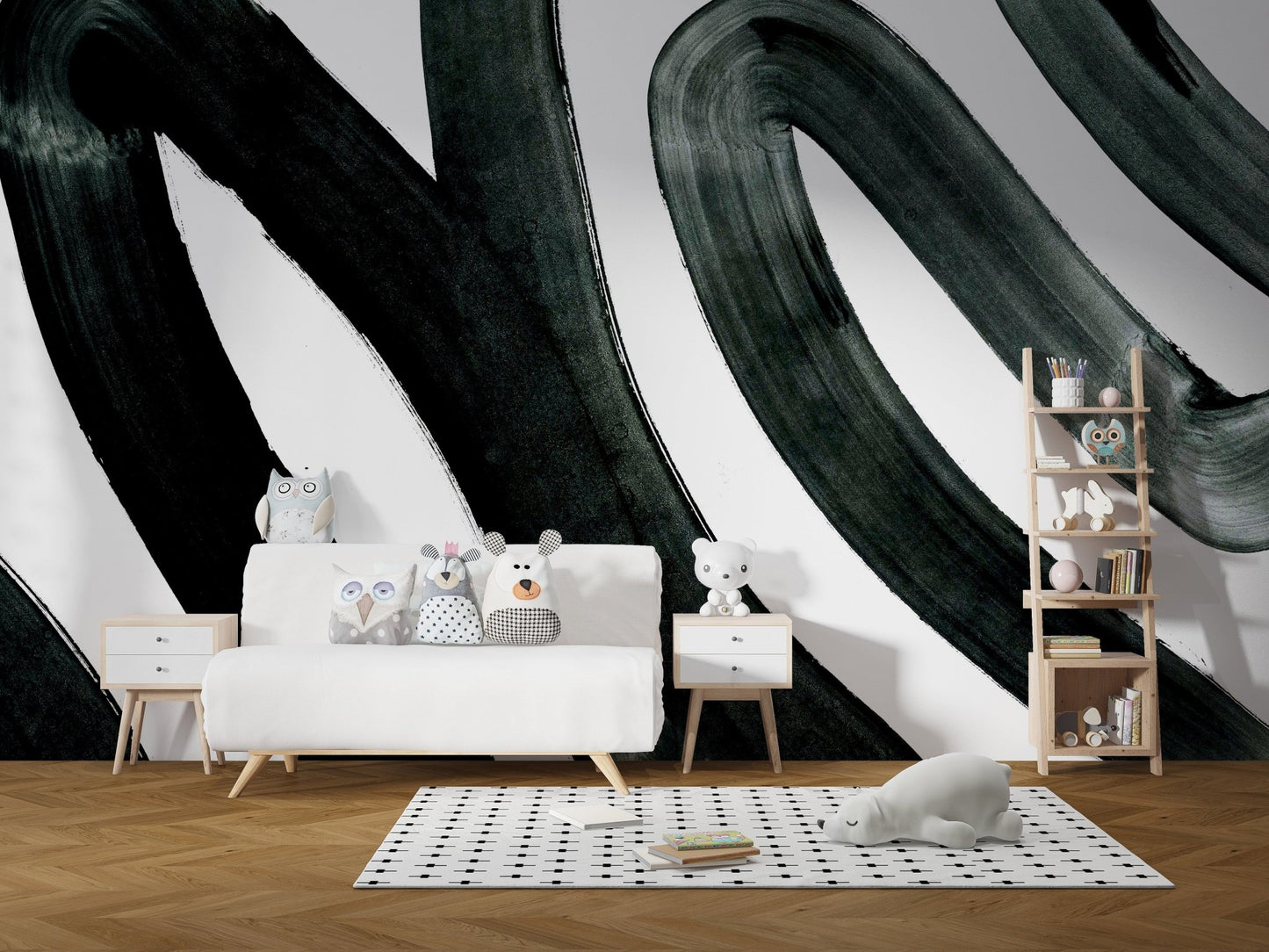 Bold abstract black ink mural for modern nursery wall decor.
