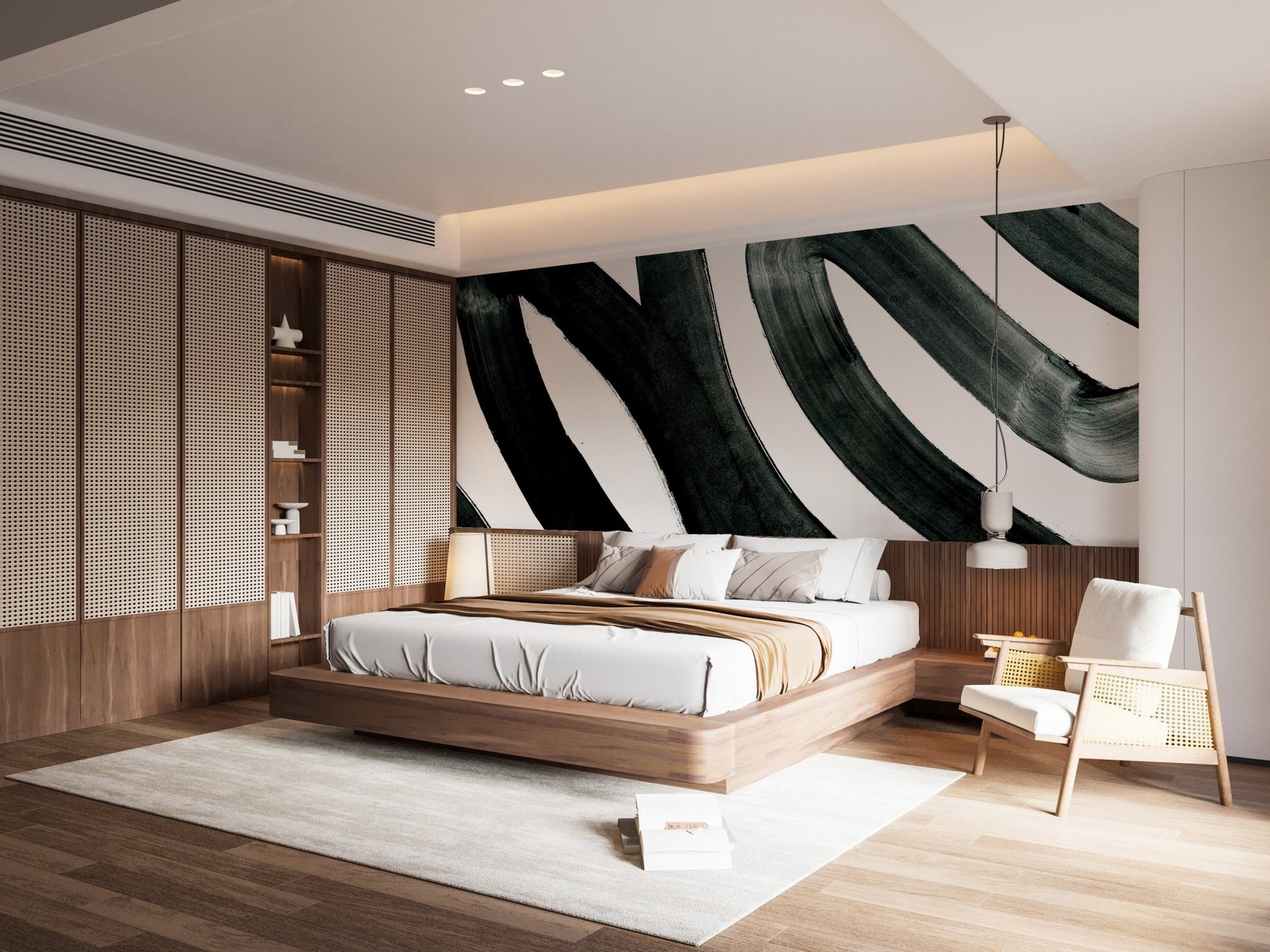 Dynamic black ink mural with artistic and flowing designs in bright bedroom.