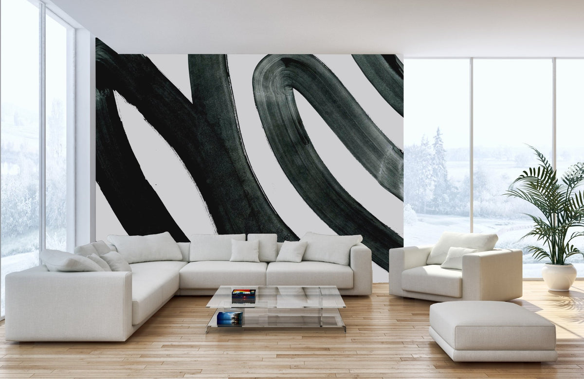 Flowing black ink fusion mural for bold and elegant living spaces.
