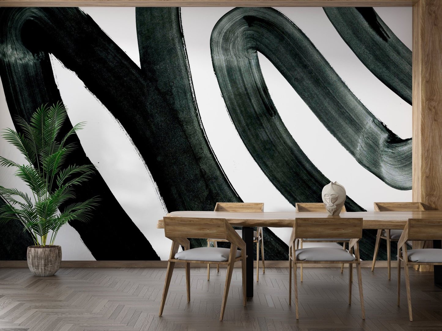 Abstract black ink fusion mural for sleek and modern walls in dining room.
