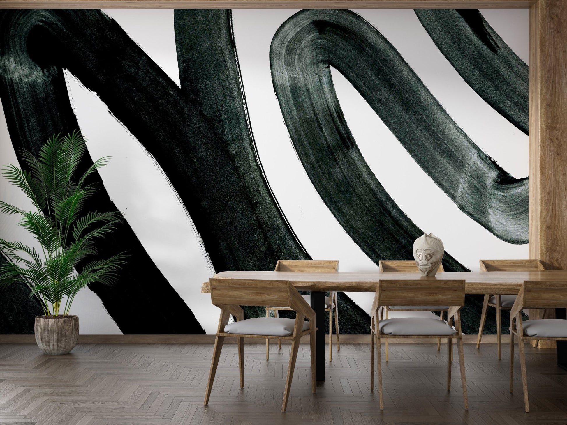 Abstract black ink fusion mural for sleek and modern walls in dining room.
