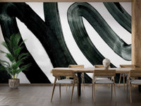 Abstract black ink fusion mural for sleek and modern walls in dining room.
