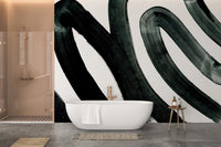 Sophisticated black ink fusion mural for stylish bathroom interiors.
