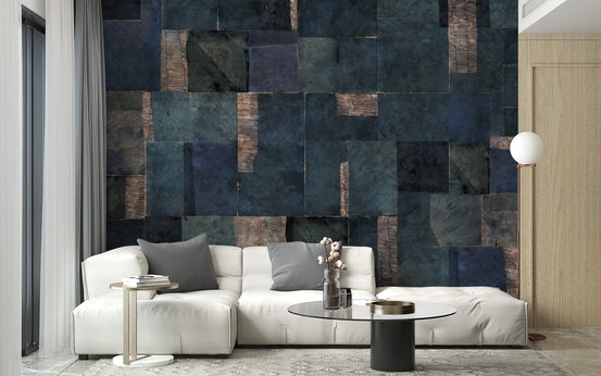 Modern blue geometric wallpaper wall mural with layered panels.