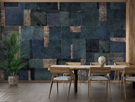 Abstract blue geometric wallpaper mural with textured block pattern.