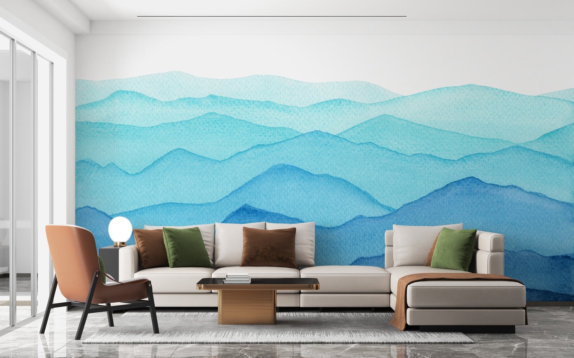 Modern blue watercolor wall mural in a bright open living area