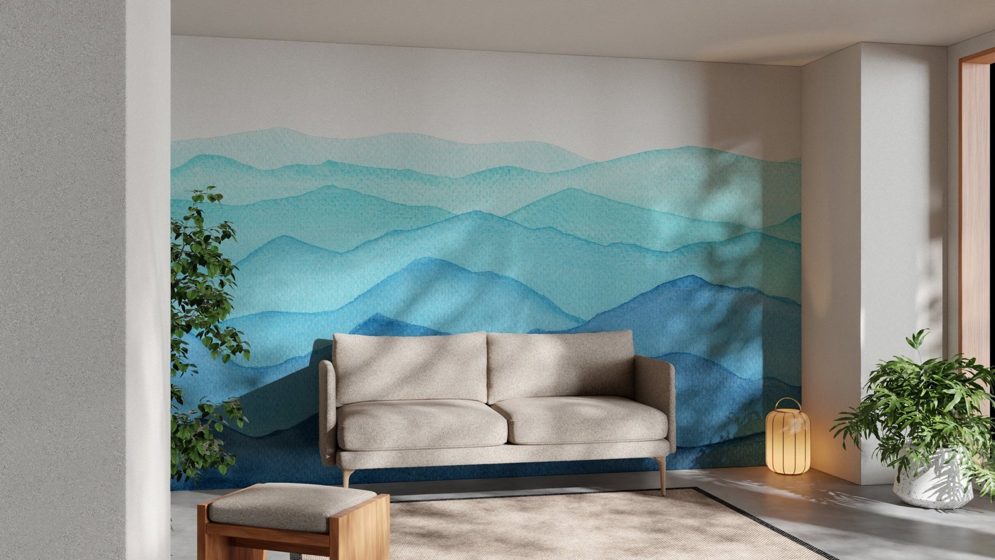 Calm blue gradient mural in a minimalist living room setting