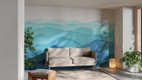 Calm blue gradient mural in a minimalist living room setting