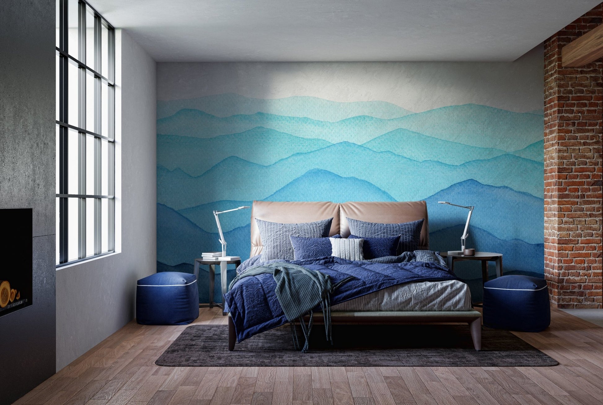 Blue shades wall mural for a cozy bedroom with dark bedding