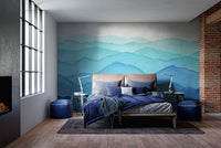 Blue shades wall mural for a cozy bedroom with dark bedding