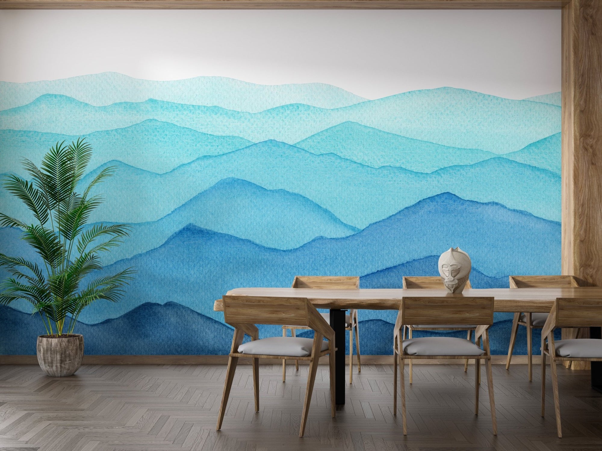 Blue watercolor mountain layers wall mural in a wooden dining room