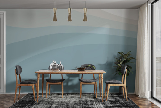 Abstract blue wallpaper mural with layered teal wave design.