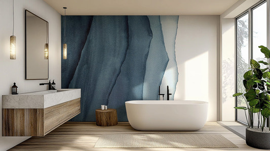 Abstract blue waves wall mural in layered watercolor tones.