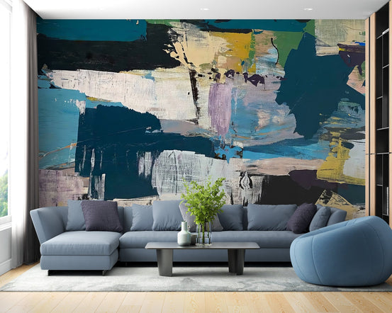 Modern abstract wall decor featuring blue and white artistic palette knife marks.