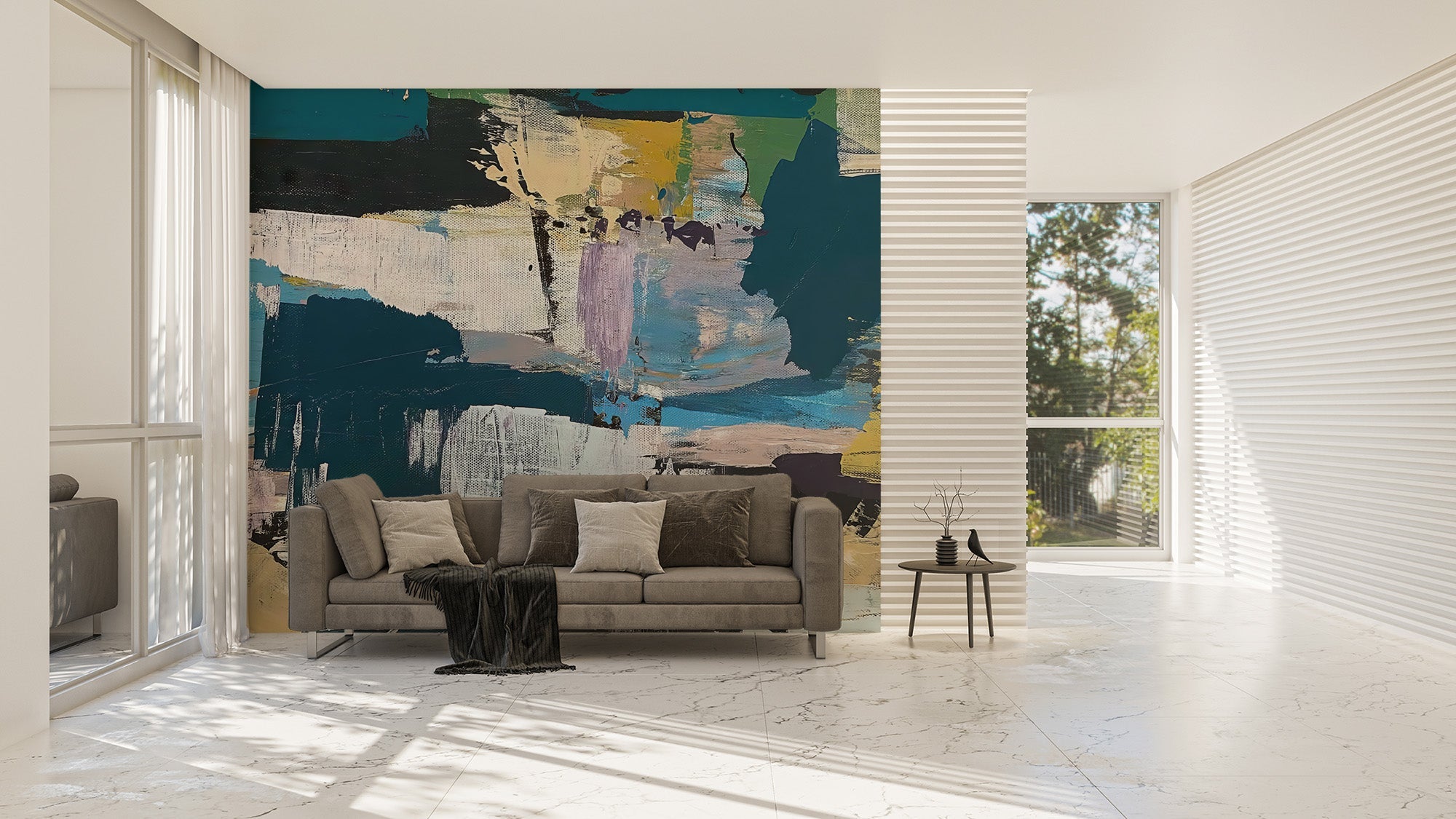 Abstract brush strokes wall mural with teal and cream paint textures.
