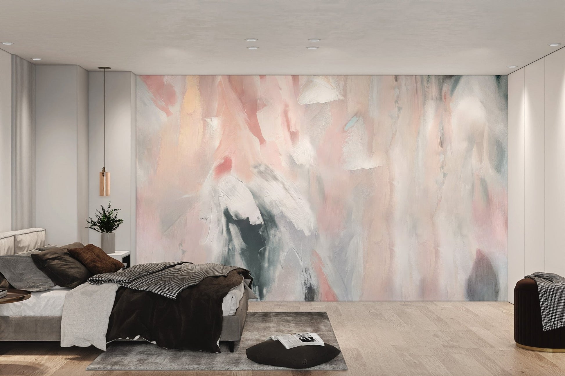 Soft brushstroke mural featuring flowing pastel colors in peach, white and gray.