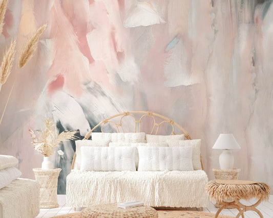 Neutral abstract mural with artistic pastel brushstrokes of beige, peach, and ivory.
