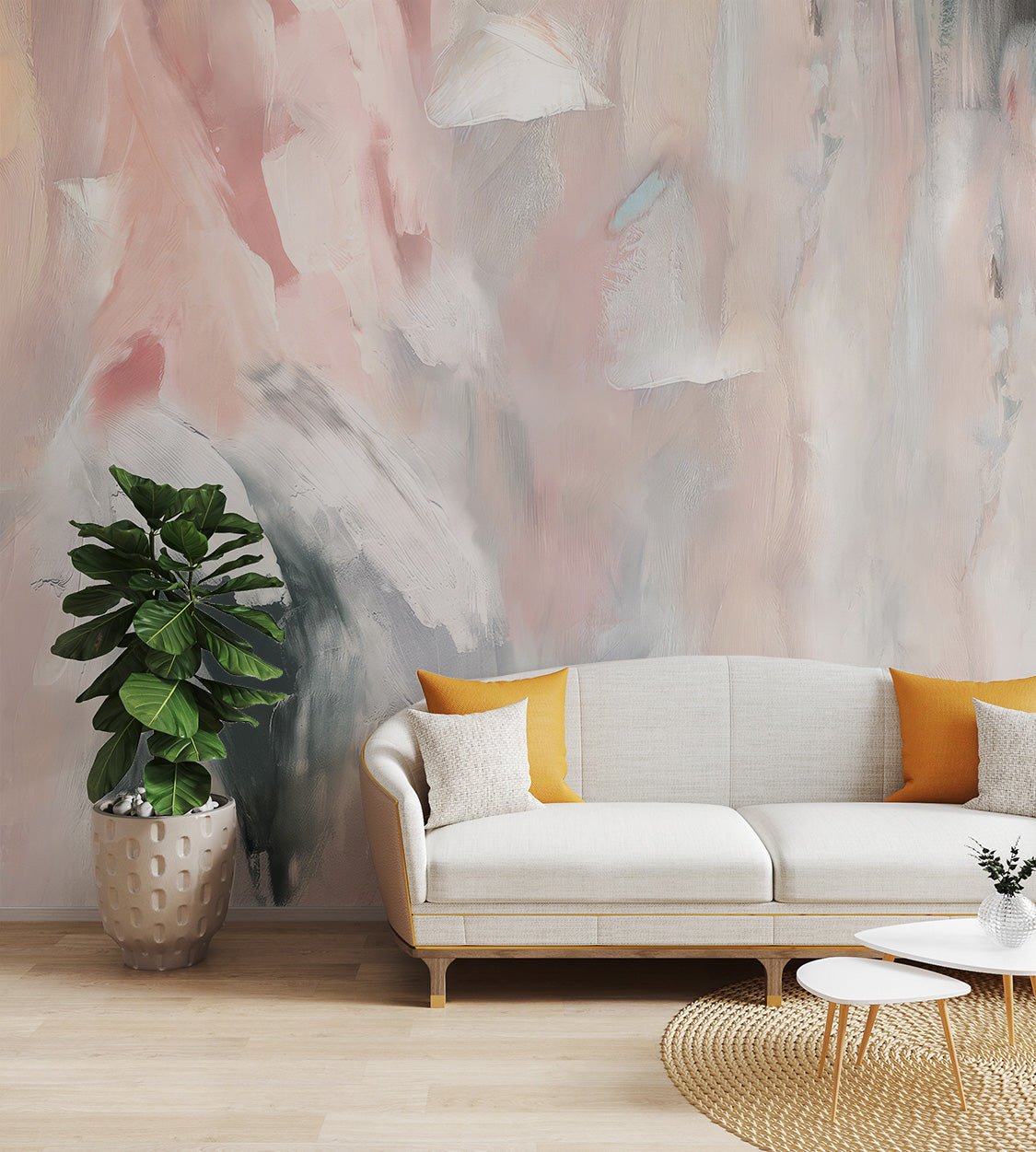 Elegant abstract mural with textured brushstrokes in beige for living room.