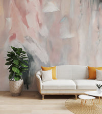 Elegant abstract mural with textured brushstrokes in beige for living room.