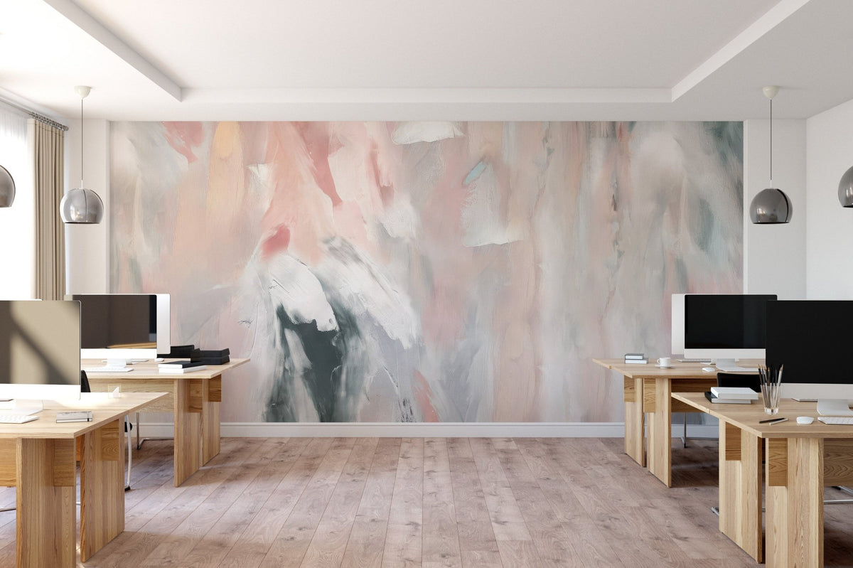 Abstract wall mural with pastel brushstrokes style in office.