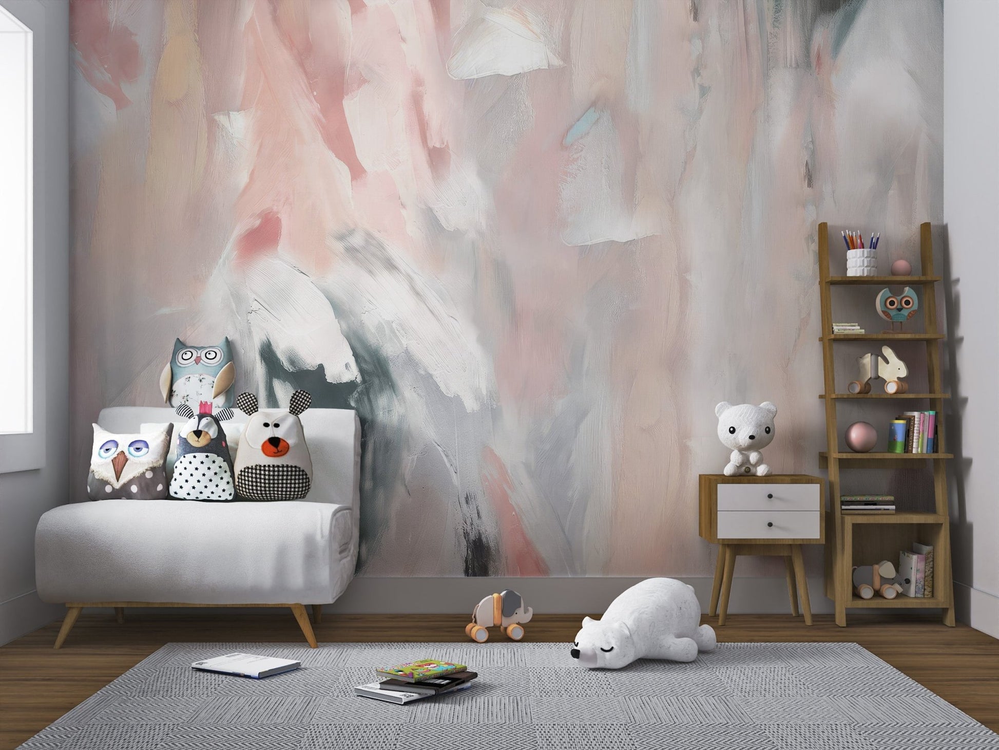 Fluid abstract mural with pastel shades in kid play area.
