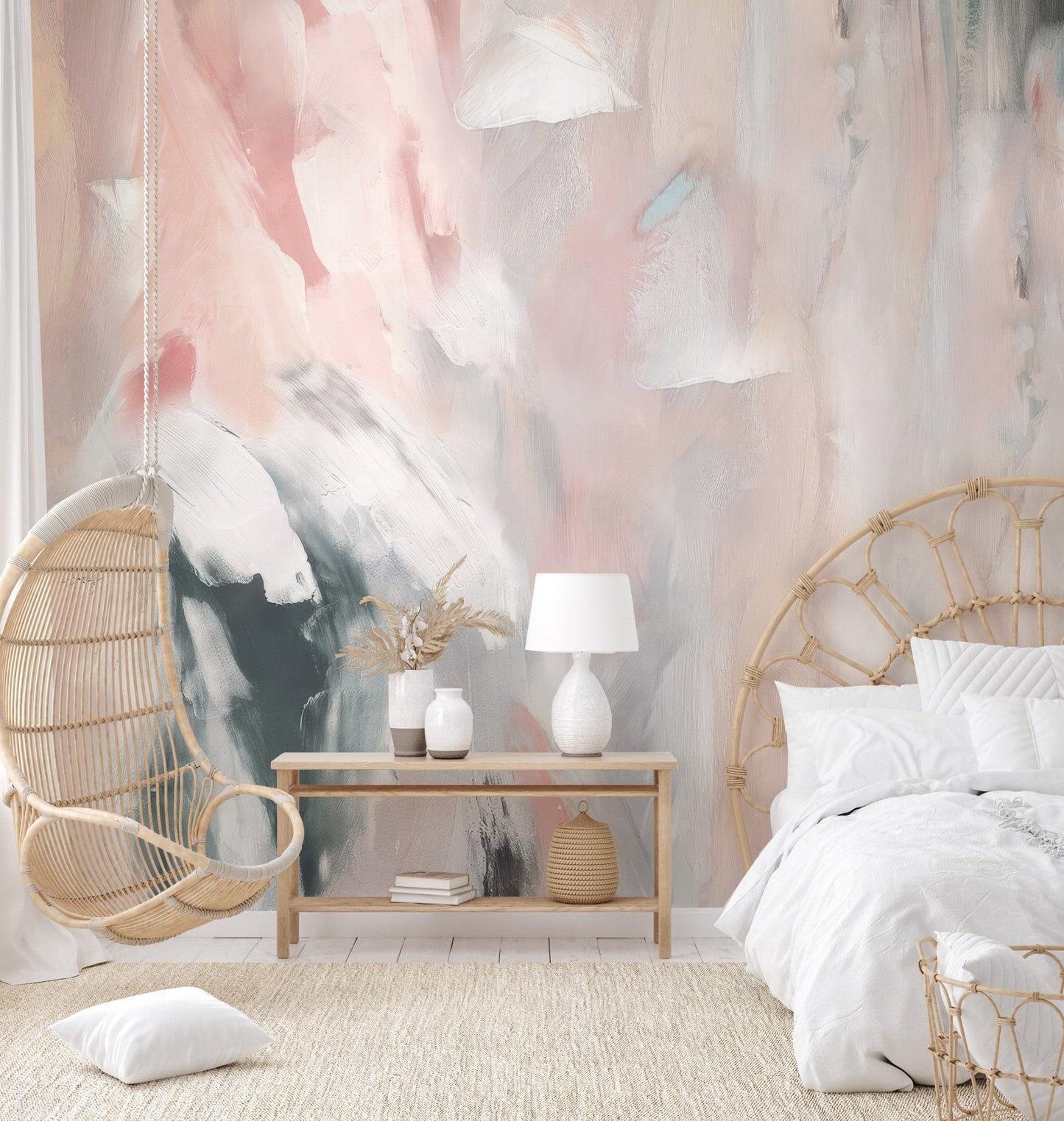 Fluid brushstroke mural in blending light tones for bright bedroom.