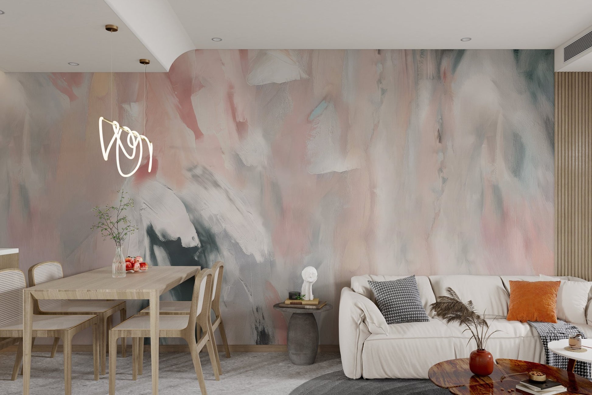 Artistic wall mural featuring brushstroke textures in apartment interior.