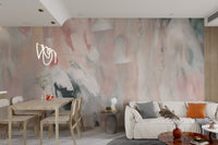 Artistic wall mural featuring brushstroke textures in apartment interior.