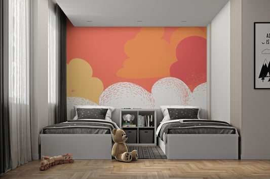 Abstract cloud wall mural with warm orange hues in twin bedroom.