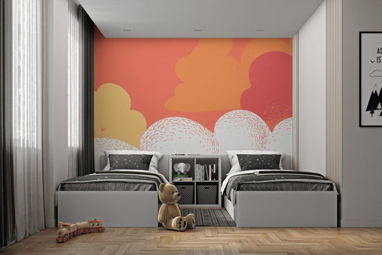 Abstract cloud wall mural with warm orange hues in twin bedroom.