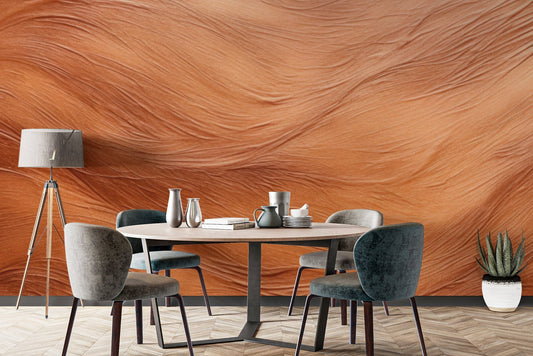 Modern desert waves wallpaper in earthy orange wall mural pattern.