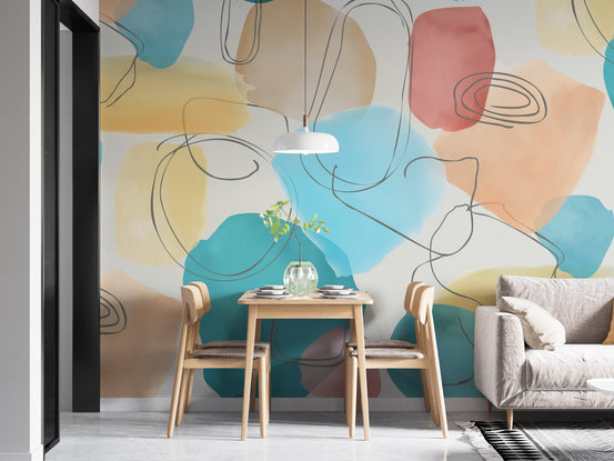 Elegant abstract watercolor mural for stylish dining room wall decor.
