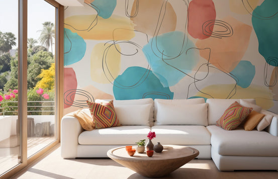 Abstract watercolor wall mural for sophisticated living room interiors.
