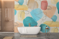 Subtle watercolor mural featuring graceful abstract art in bathroom.
