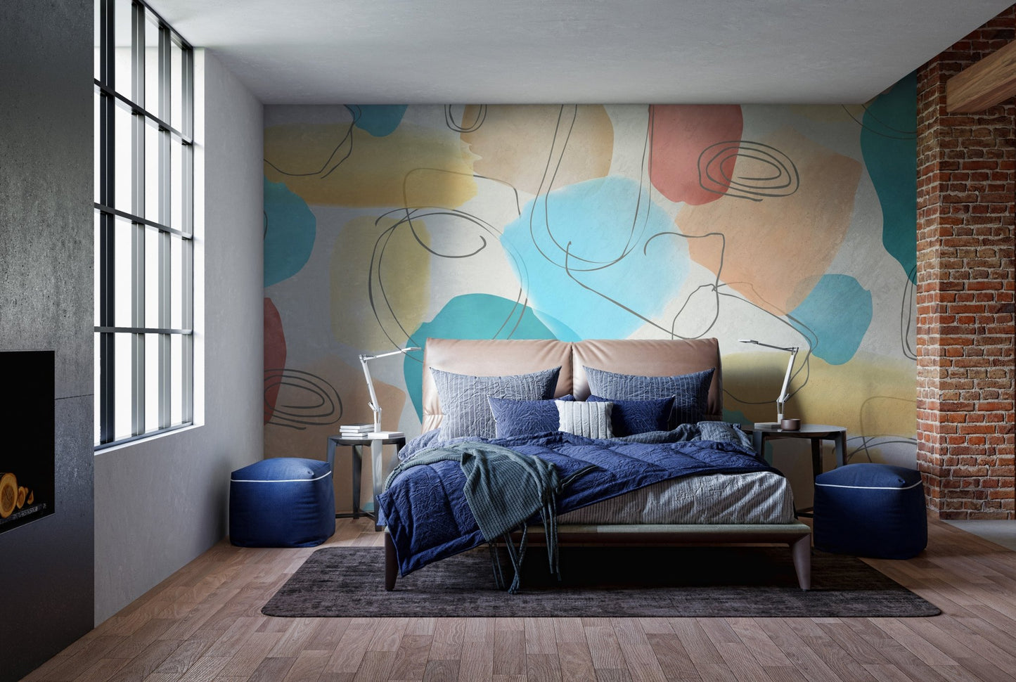 Dreamy abstract design mural with vibrant watercolor tones in bedroom.
