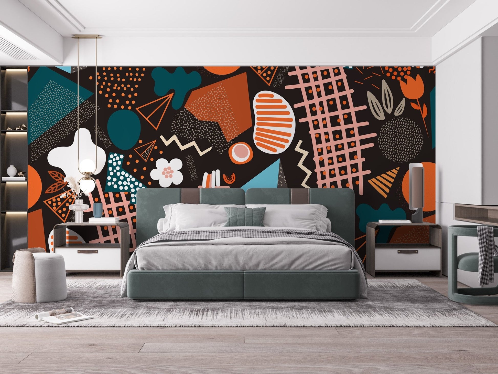 Bedroom setting featuring teal and orange geometric art wall mural.