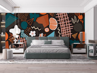 Bedroom setting featuring teal and orange geometric art wall mural.