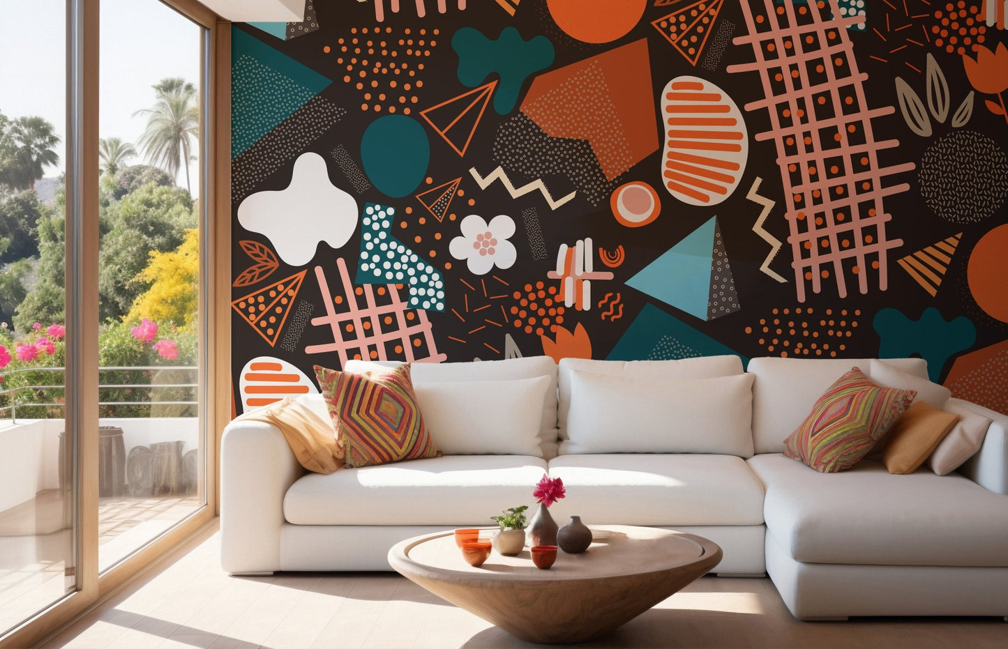 Sunlit living room with white sofa and multicolor geometric wall mural.
