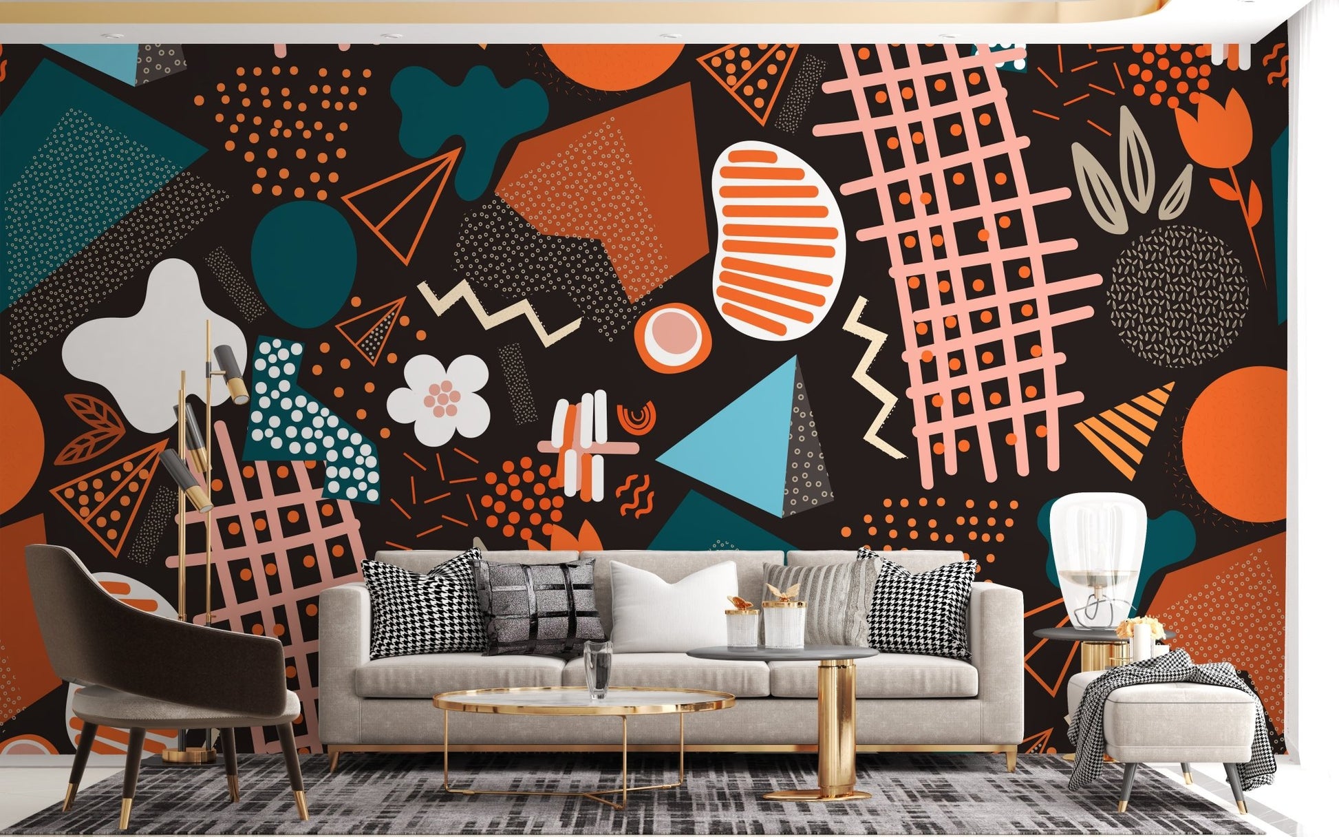 Living room interior with grey sofa and large abstract geometric wall mural.