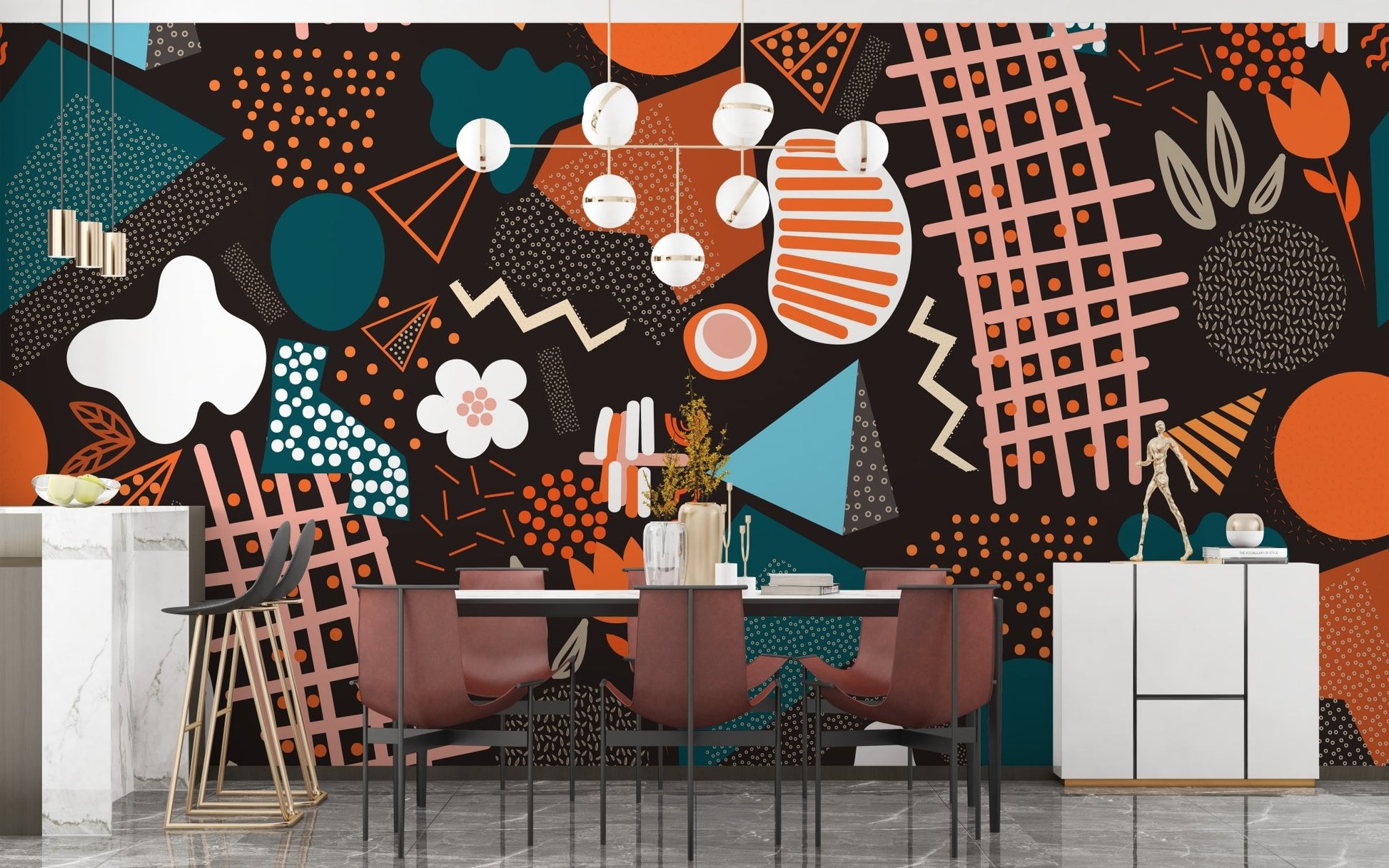 Dining space showing Abstract geometric art wall mural with red chairs.