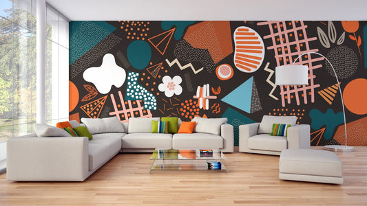 Living room with Abstract geometric art wall mural and white sectional sofa.