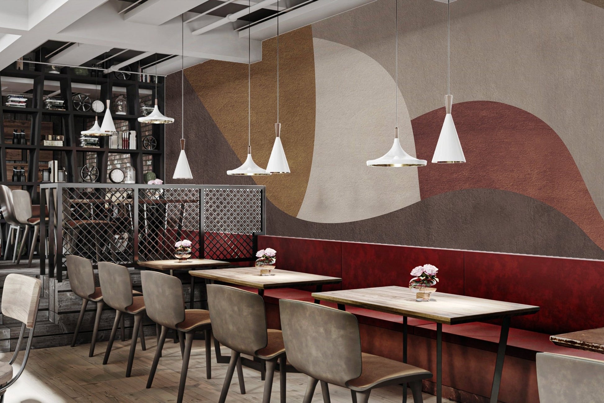 Contemporary wall mural with organic brown and beige geometric shapes.