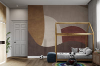 Modern geometric wall mural featuring dark brown and light grey blocks.